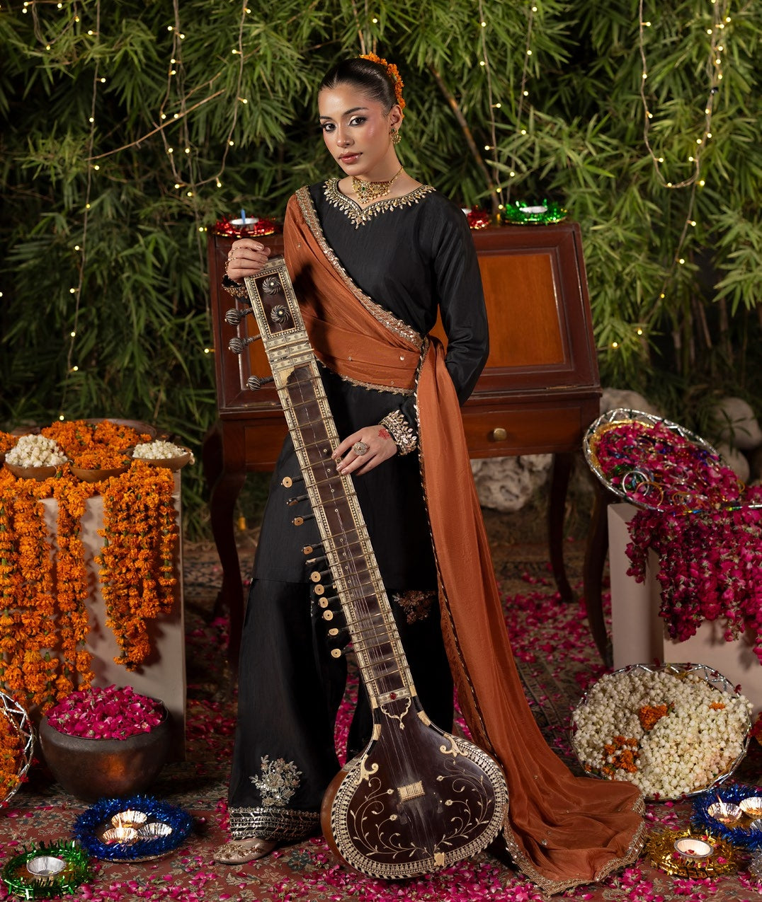 Ladies Embellished Rust Raw Silk Suit Online in UK USA Canada