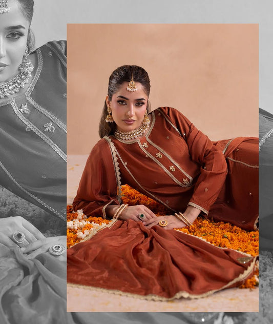 Ladies Embellished Rust Silk Salwar Suit Online in UK USA Canada