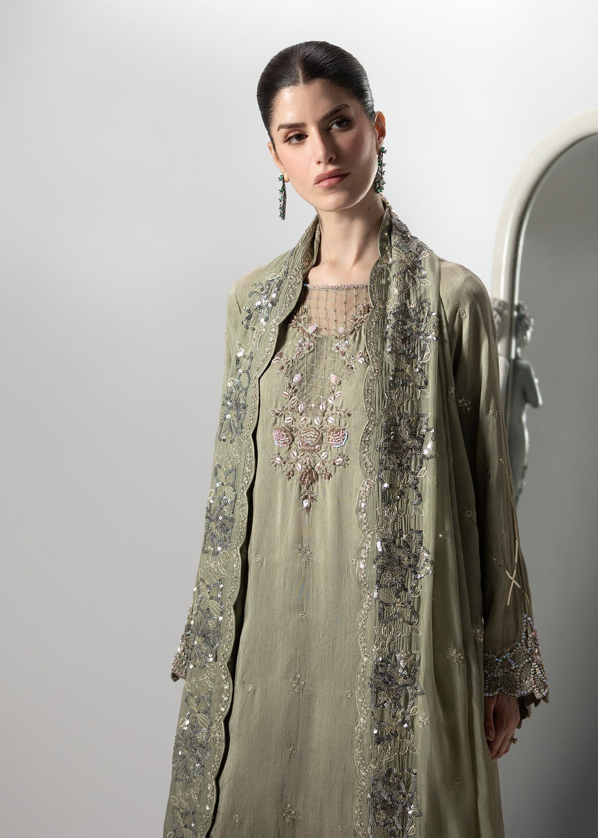 Ladies Embellished Sage Green Sharara Online in UK USA Canada