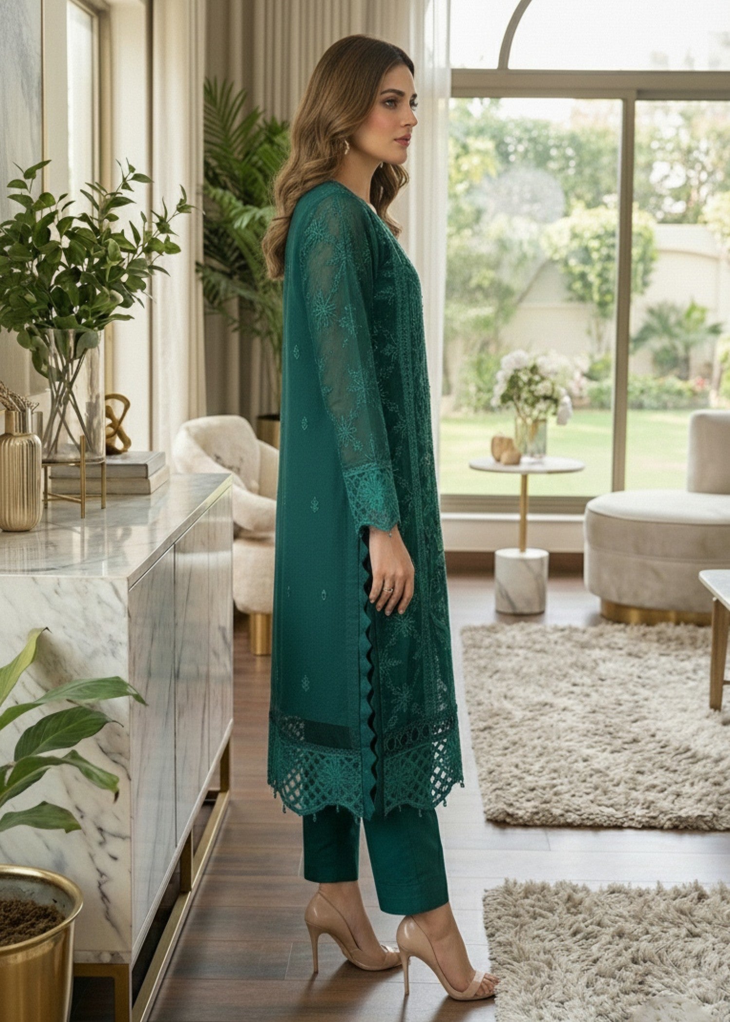 Ladies Embellished Sea Green Organza Shalwar Kameez Online in UK USA Canada
