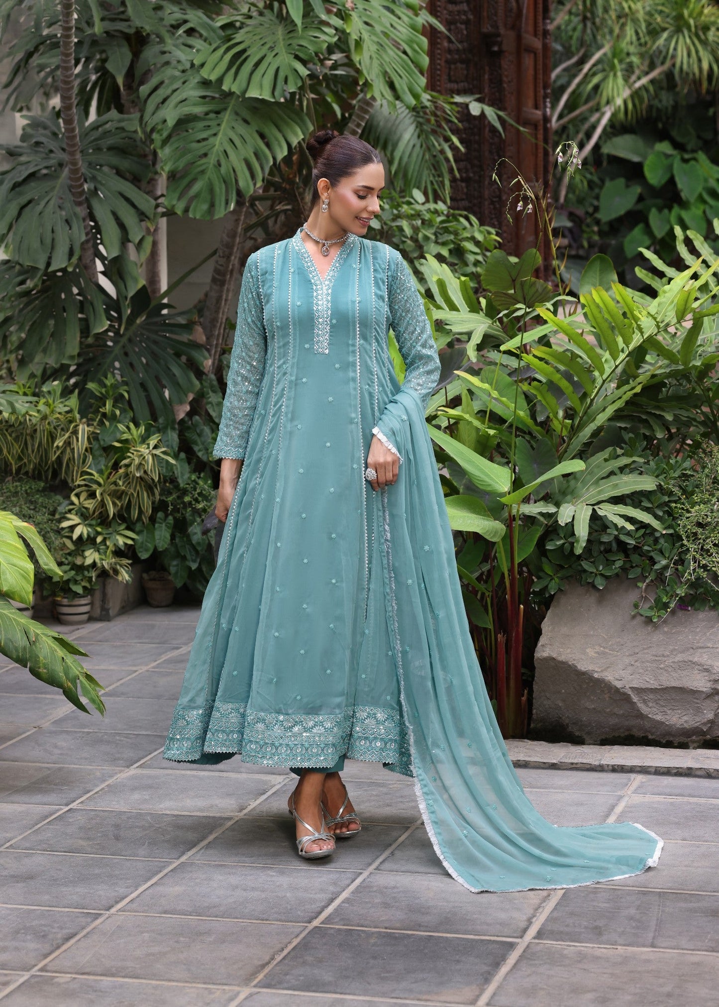 Ladies Embellished Sea Green Pishwas Suit Online in UK USA Canada