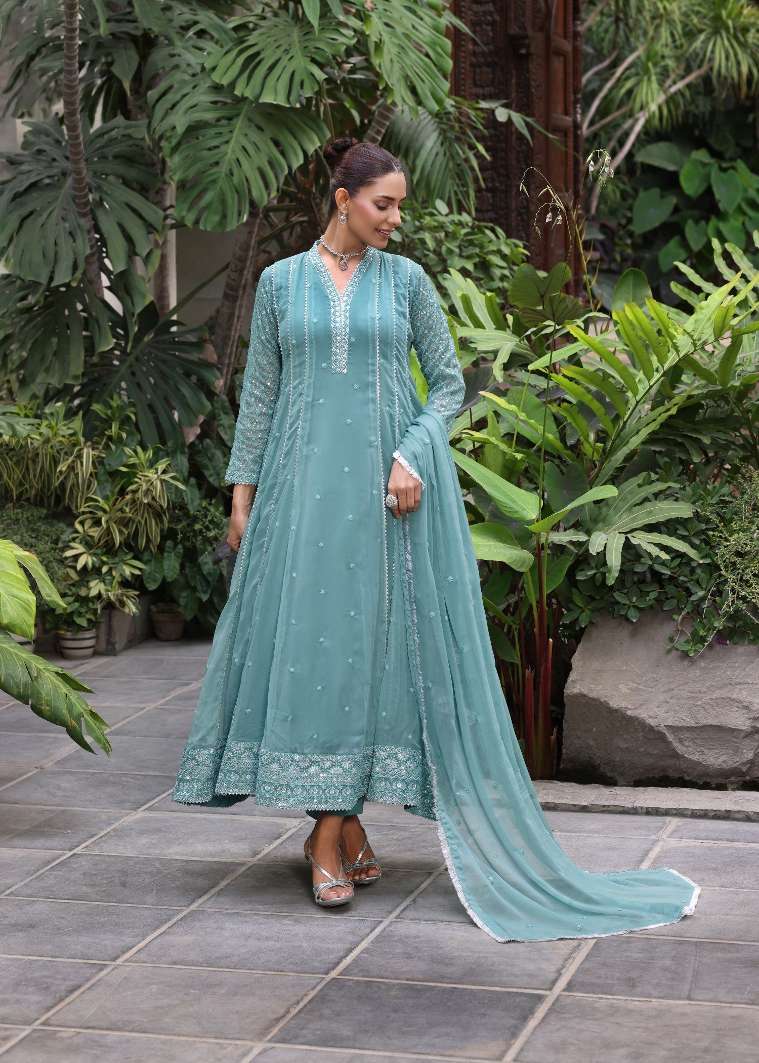 Ladies Embellished Sea Green Pishwas Suit Online in UK USA Canada