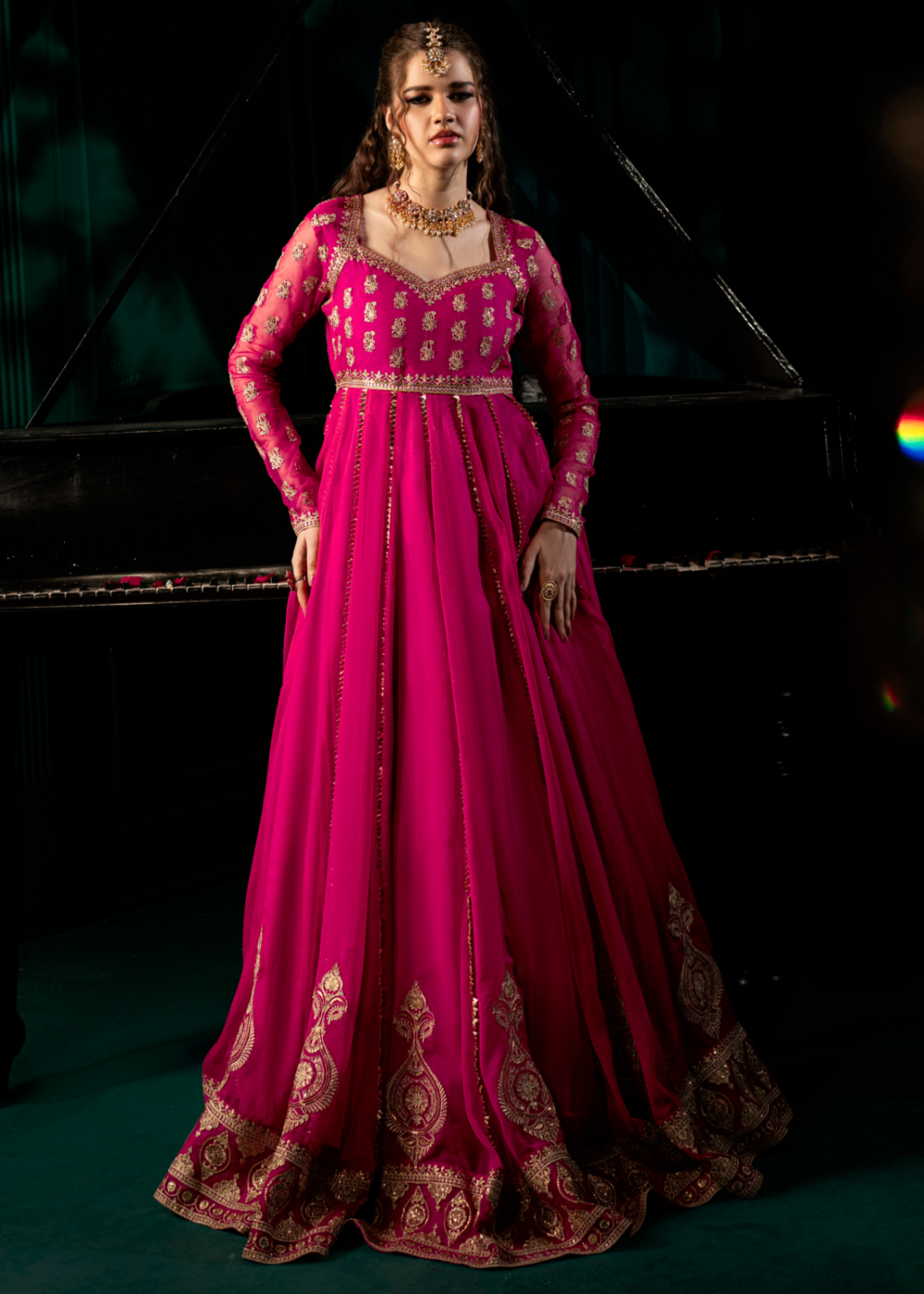 Ladies Embellished Shocking Pink Chiffon Partywear Suit Online in UK USA Canada
