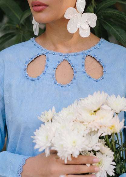 Ladies Embellished Sky Blue Textured Lawn Suit Online in UK USA Canada