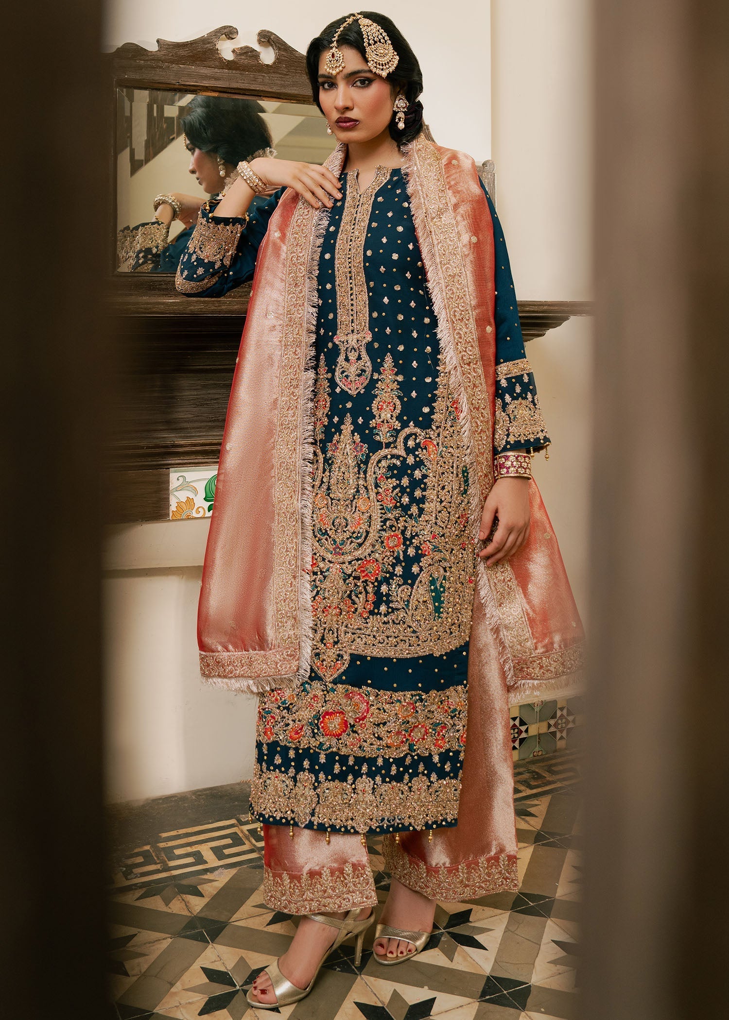 Ladies Embellished Teal Chiffon Shalwar Kameez Online in UK USA Canada