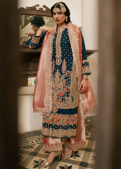 Ladies Embellished Teal Chiffon Shalwar Kameez Online in UK USA Canada