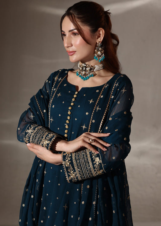 Ladies Embellished Teal Pishwas Suit Online in UK USA Canada