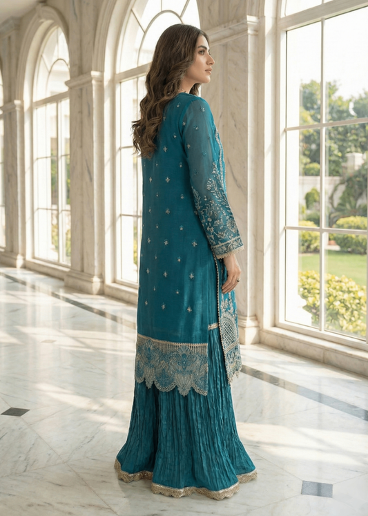 Ladies Embellished Teal Sharara Gharara Online in UK USA Canada