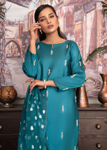 Ladies Embellished Teal Silk Shalwar Kameez Online in UK USA Canada