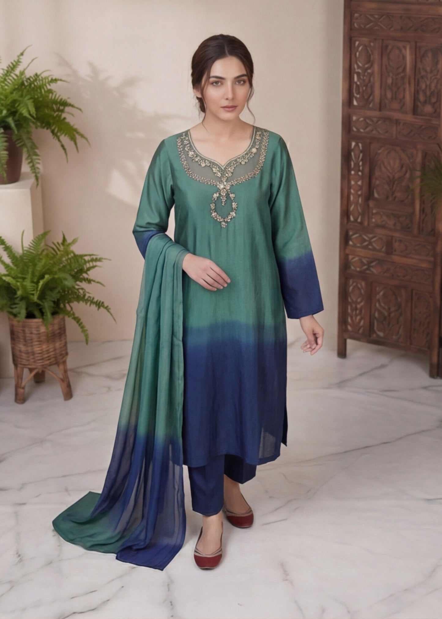 Ladies Embellished Teal Silk Shalwar Kameez Online in UK USA Canada