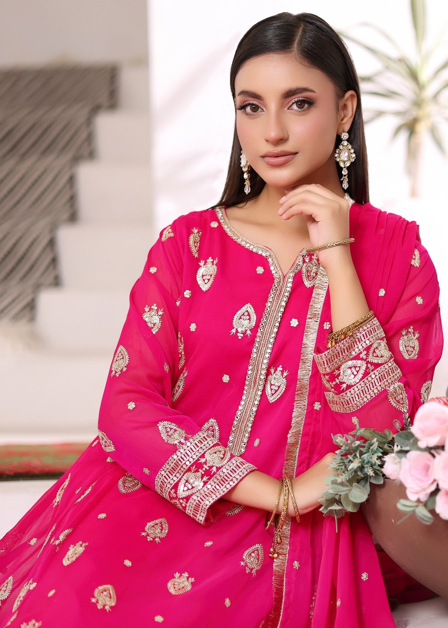 Ladies Embellished Vivid Pink Chiffon Party Wear Outfit Online in UK USA Canada