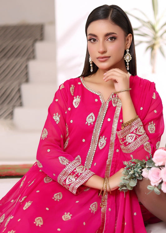 Ladies Embellished Vivid Pink Chiffon Party Wear Outfit Online in UK USA Canada