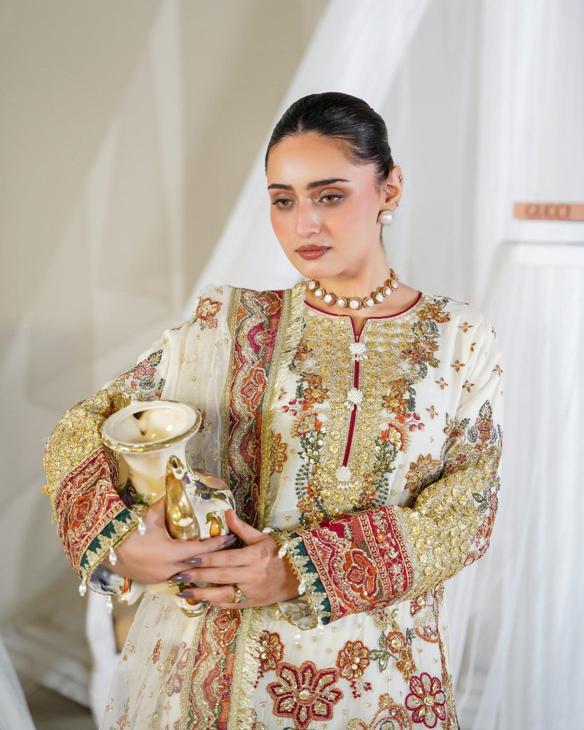 Ladies Embellished White Chiffon Sharara Online in UK USA Canada
