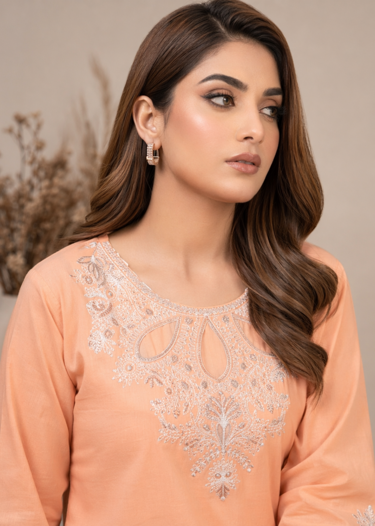 Ladies Embroidered Apricot Lawn Kurta Set Online in UK USA Canada