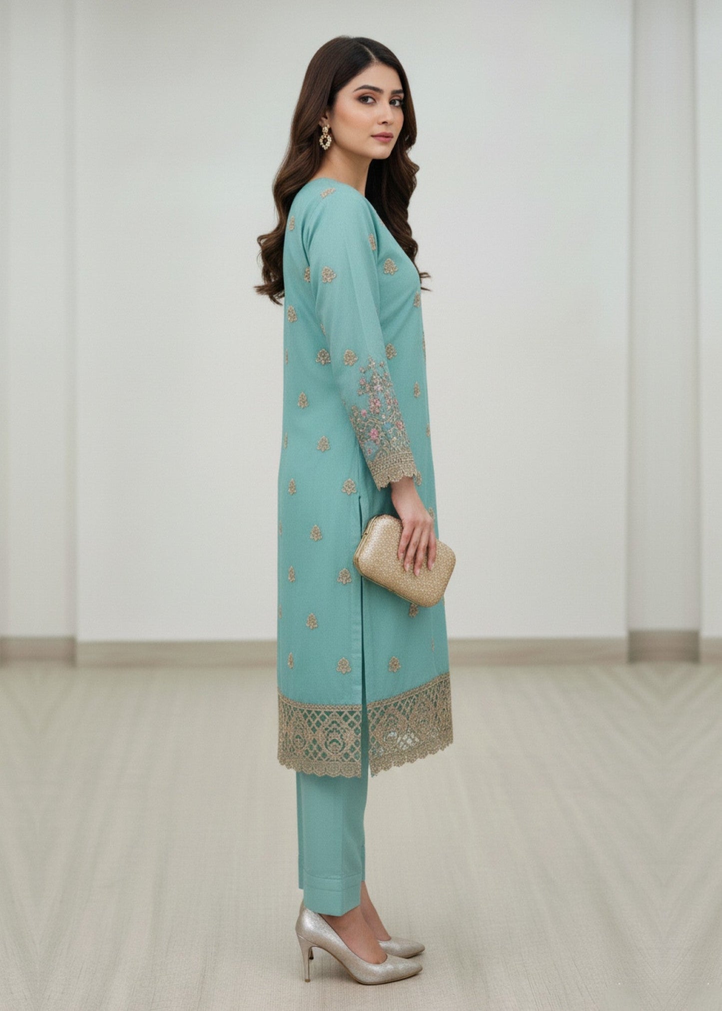Ladies Embroidered Aqua Organza Shalwar Kameez Online in UK USA Canada