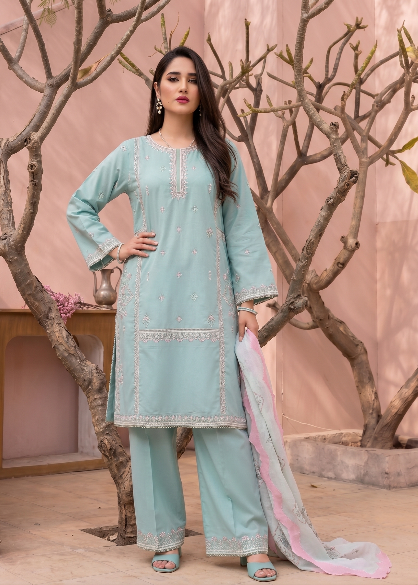 Ladies Embroidered Aquamarine Lawn Shalwar Kameez Online in UK USA Canada