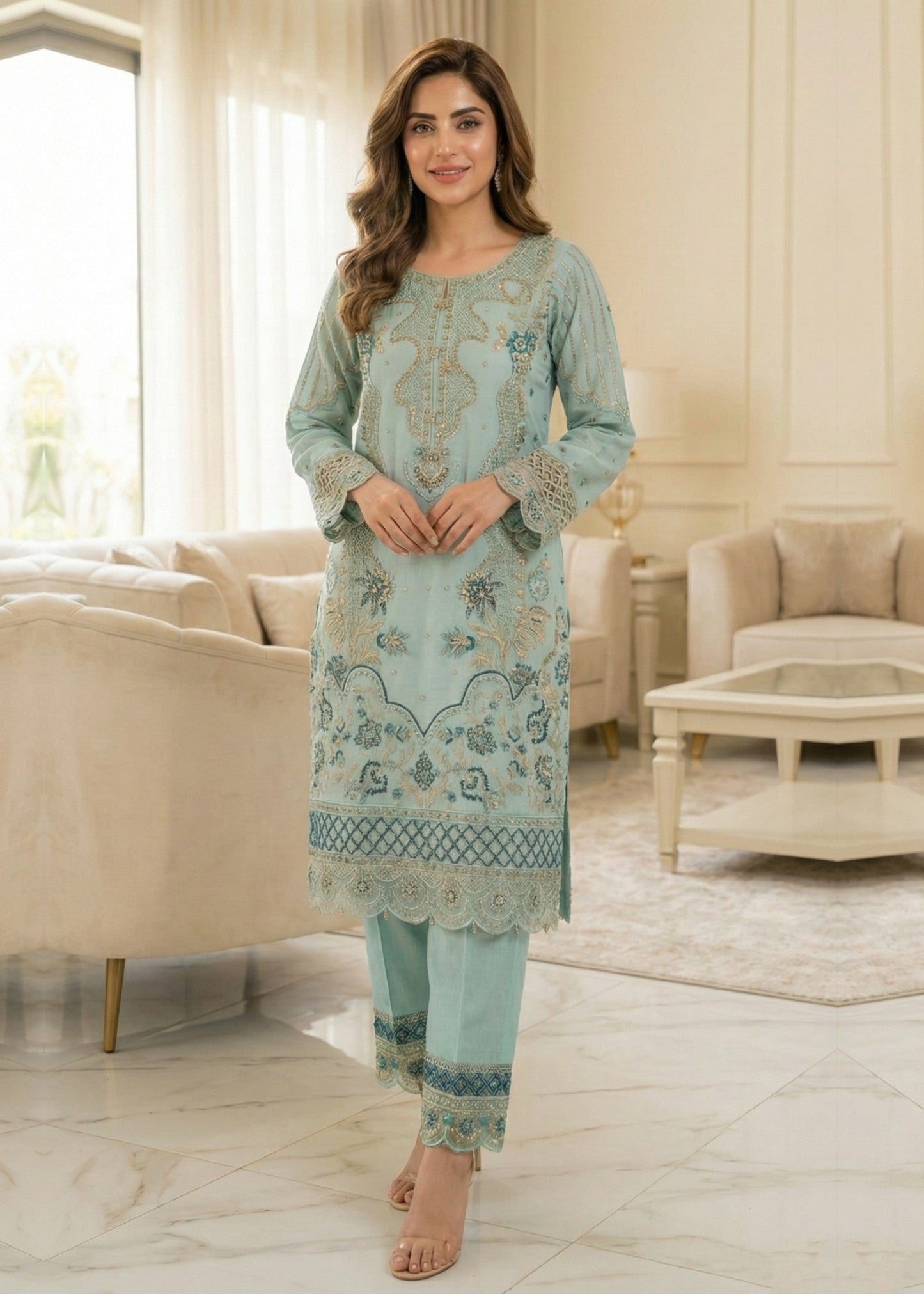 Ladies Embroidered Aquamarine Organza Shalwar Kameez Online in UK USA Canada