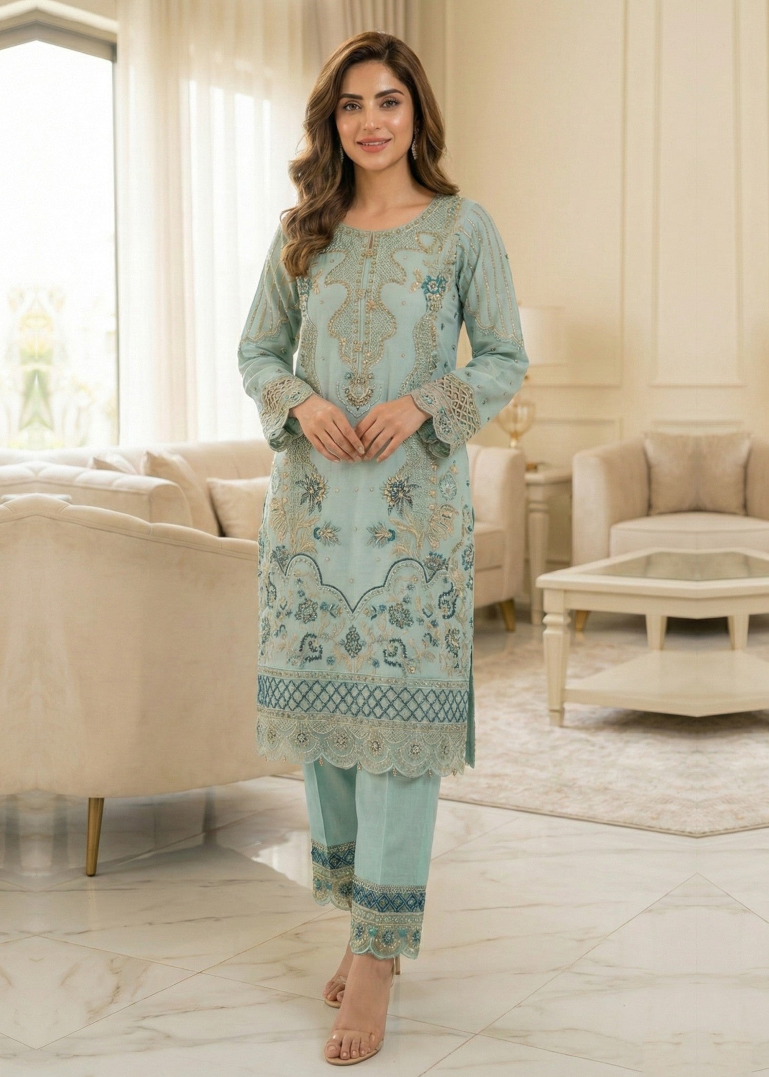 Ladies Embroidered Aquamarine Organza Shalwar Kameez Online in UK USA Canada