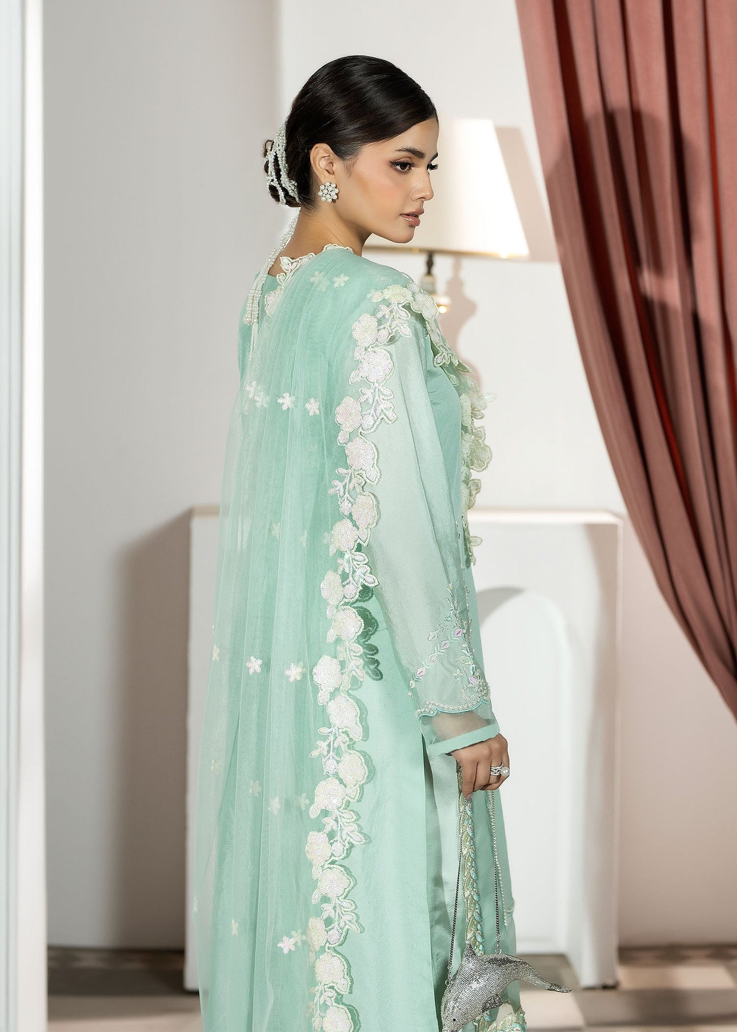 Ladies Embroidered Aquamarine Silk Shalwar Kameez Online in UK USA Canada