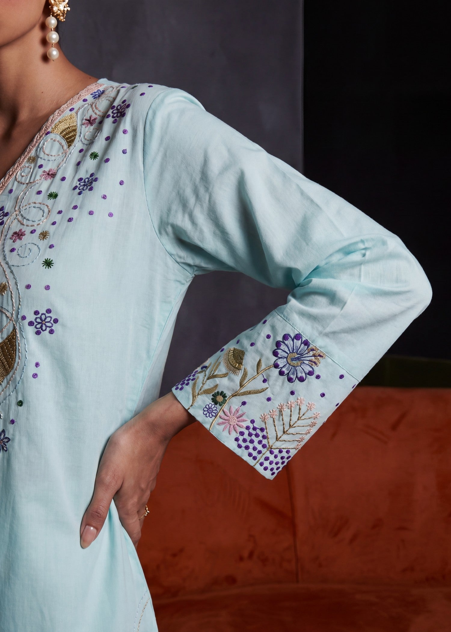 Ladies Embroidered Aquamarine Straight Kurta Online in UK USA Canada