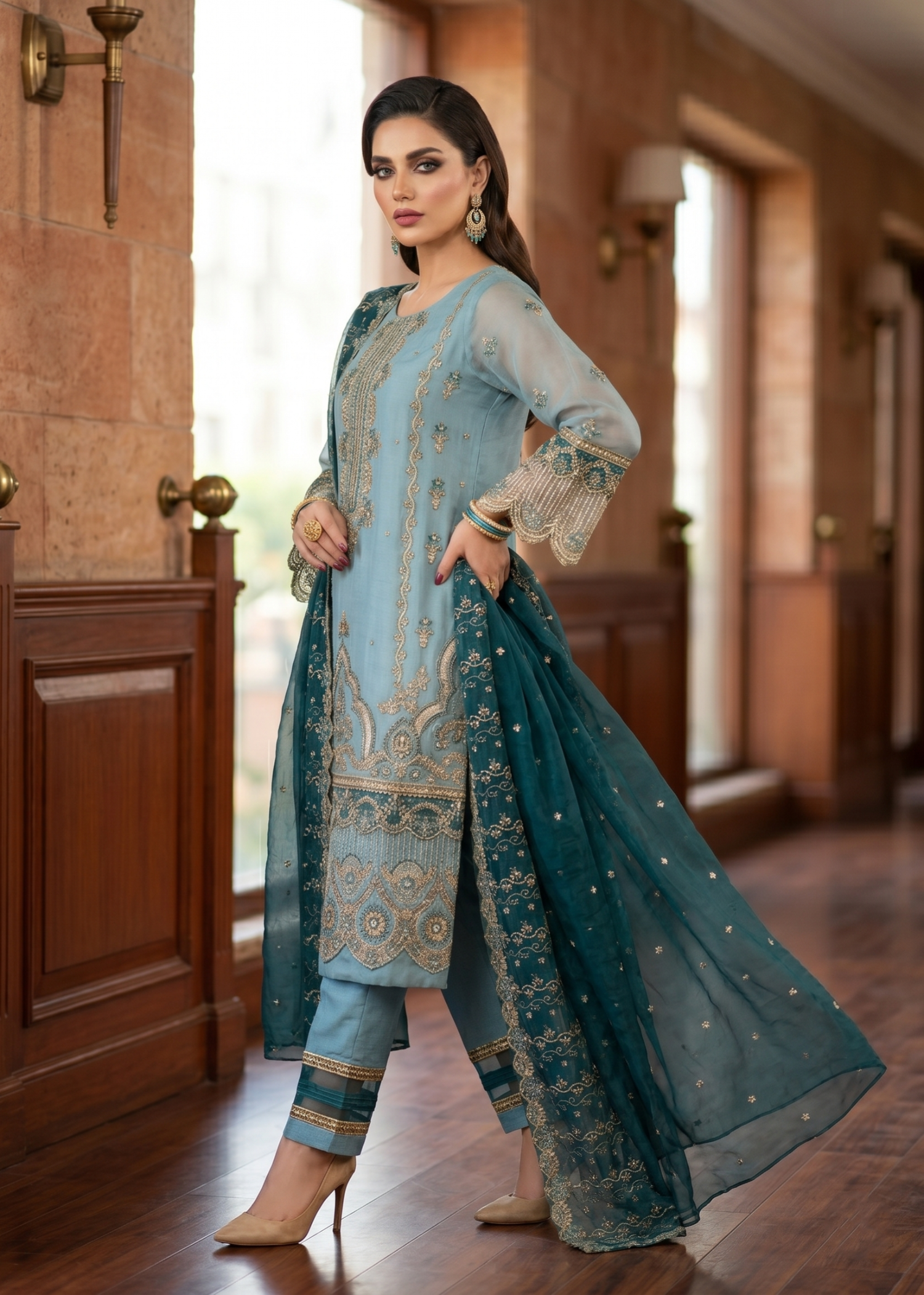 Ladies Embroidered Aquamarine Straight Kurta Suit Online in UK USA Canada