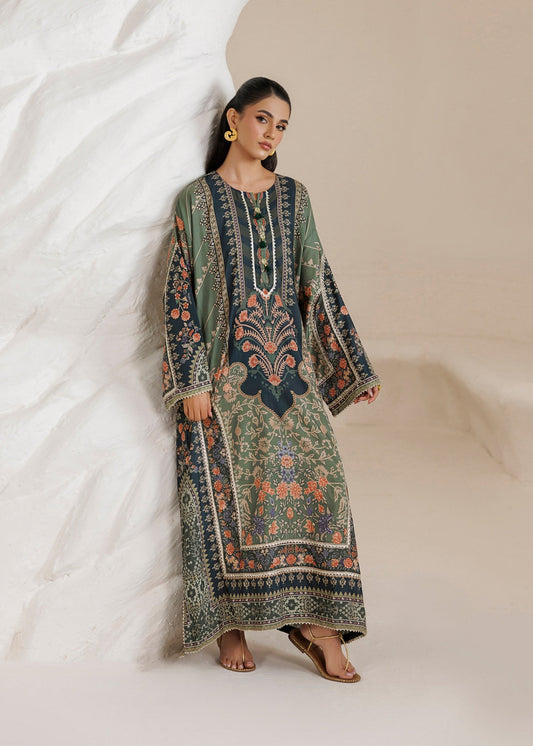 Ladies Embroidered Avocado Green Raw Silk Kaftan Online in UK USA Canada
