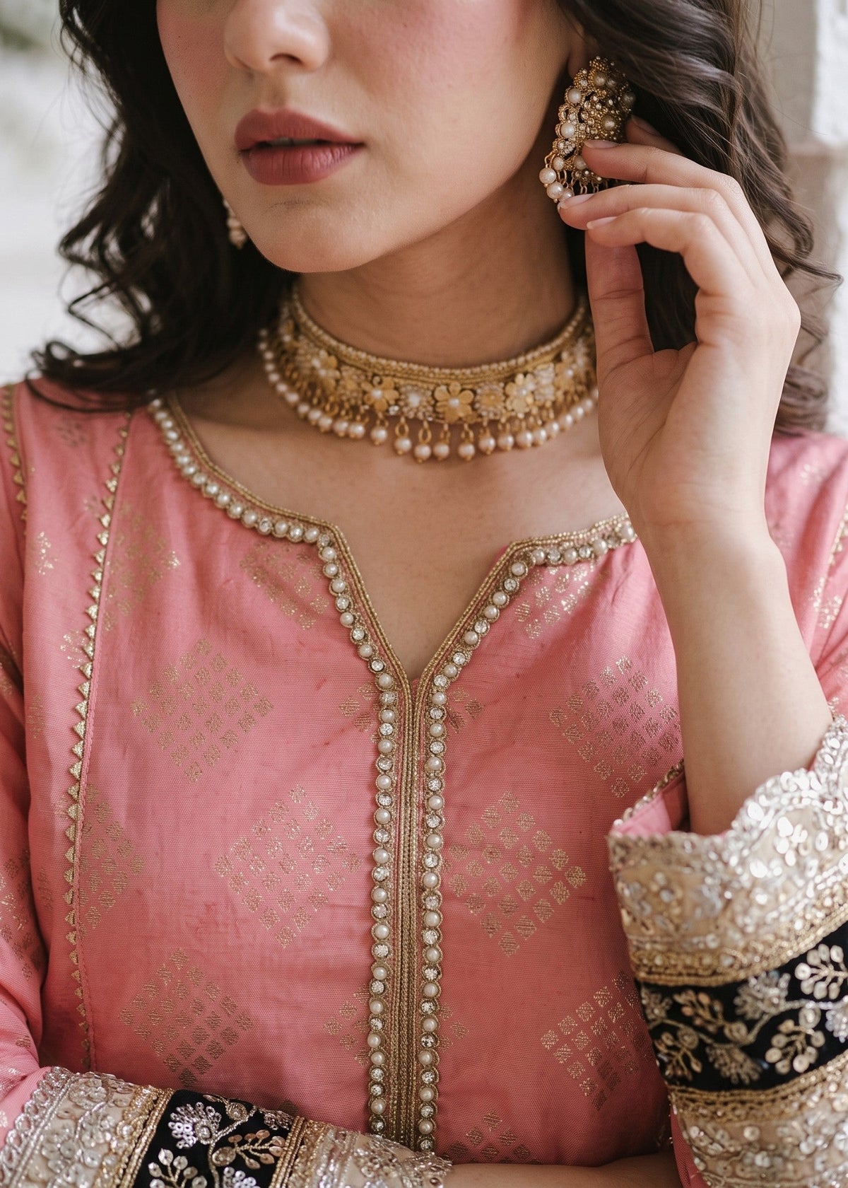 Ladies Embroidered Baby Pink Cotton Masuri Pishwas Suit Online in UK USA Canada