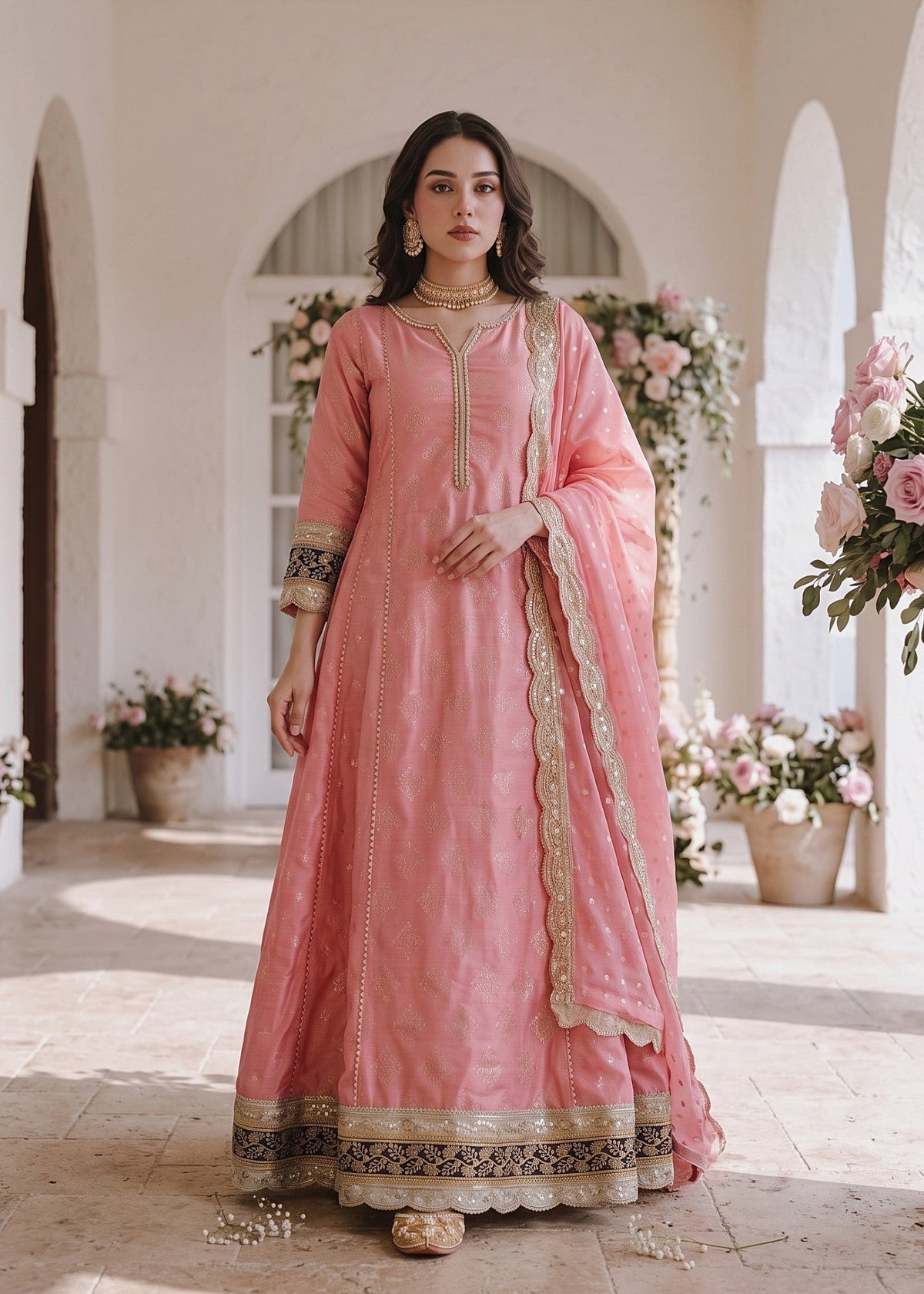 Ladies Embroidered Baby Pink Cotton Masuri Pishwas Suit Online in UK USA Canada