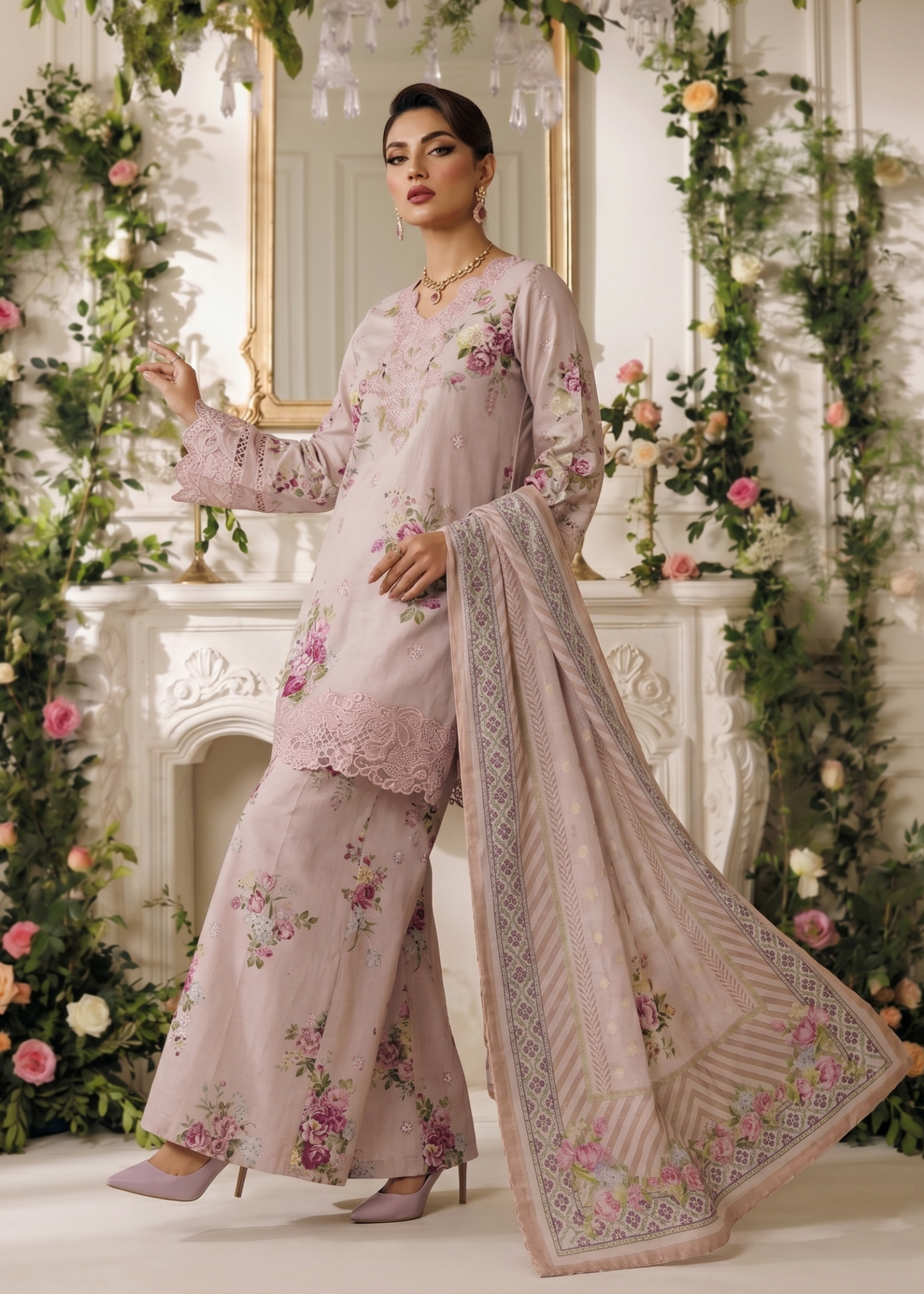 Ladies Embroidered Baby Pink Sharara Gharara Online in UK USA Canada