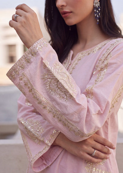Ladies Embroidered Baby Pink Straight Cut Kurta Online in UK USA Canada