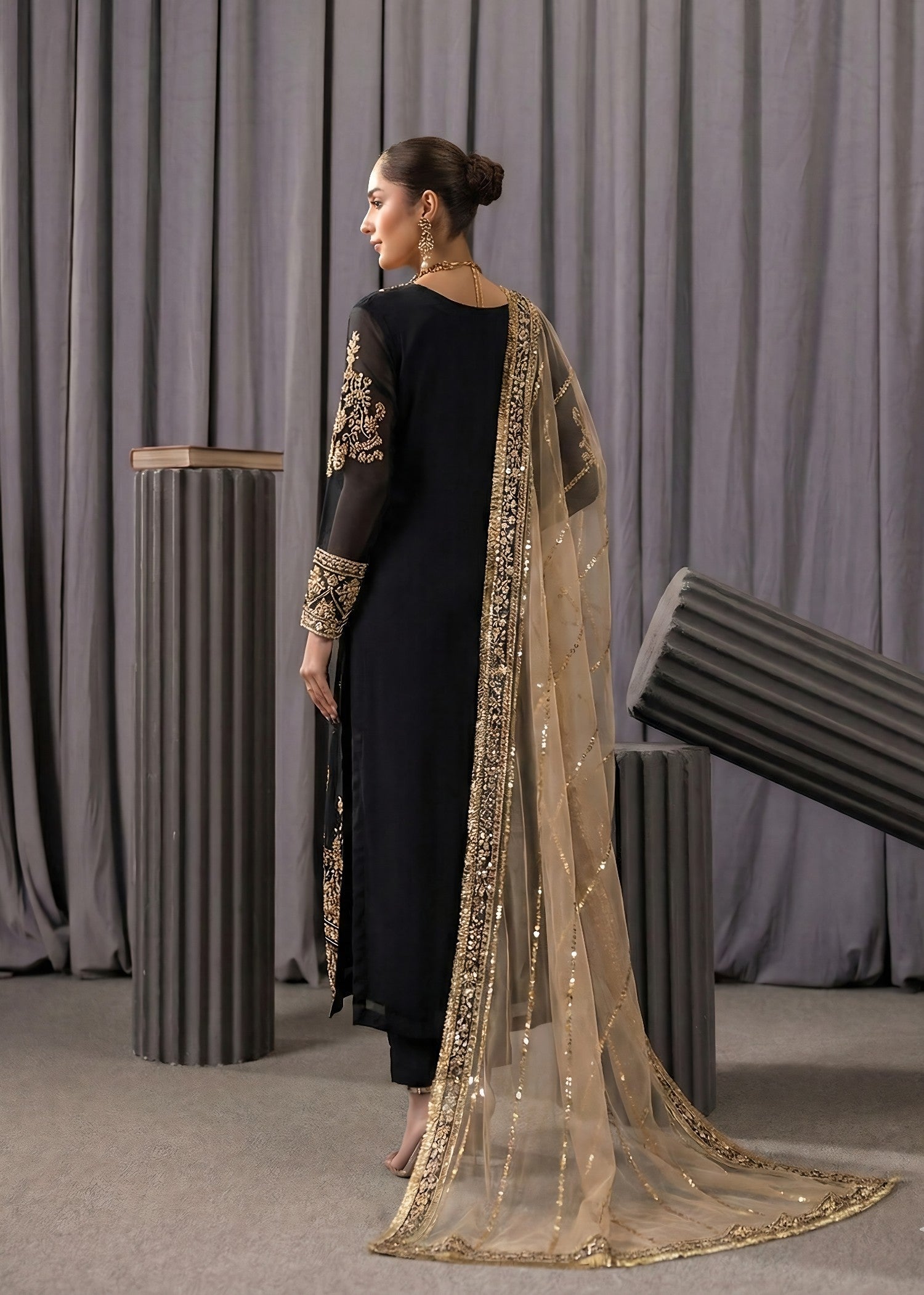 Ladies Embroidered Beige Black Chiffon Shalwar Kameez Online in UK USA Canada