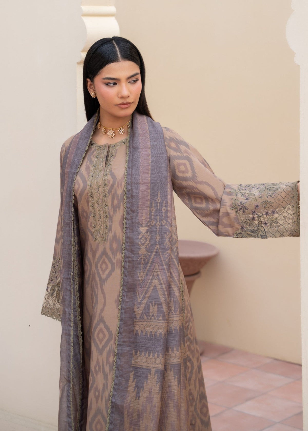 Ladies Embroidered Beige Blended Khaddar Shalwar Kameez Online in UK USA Canada