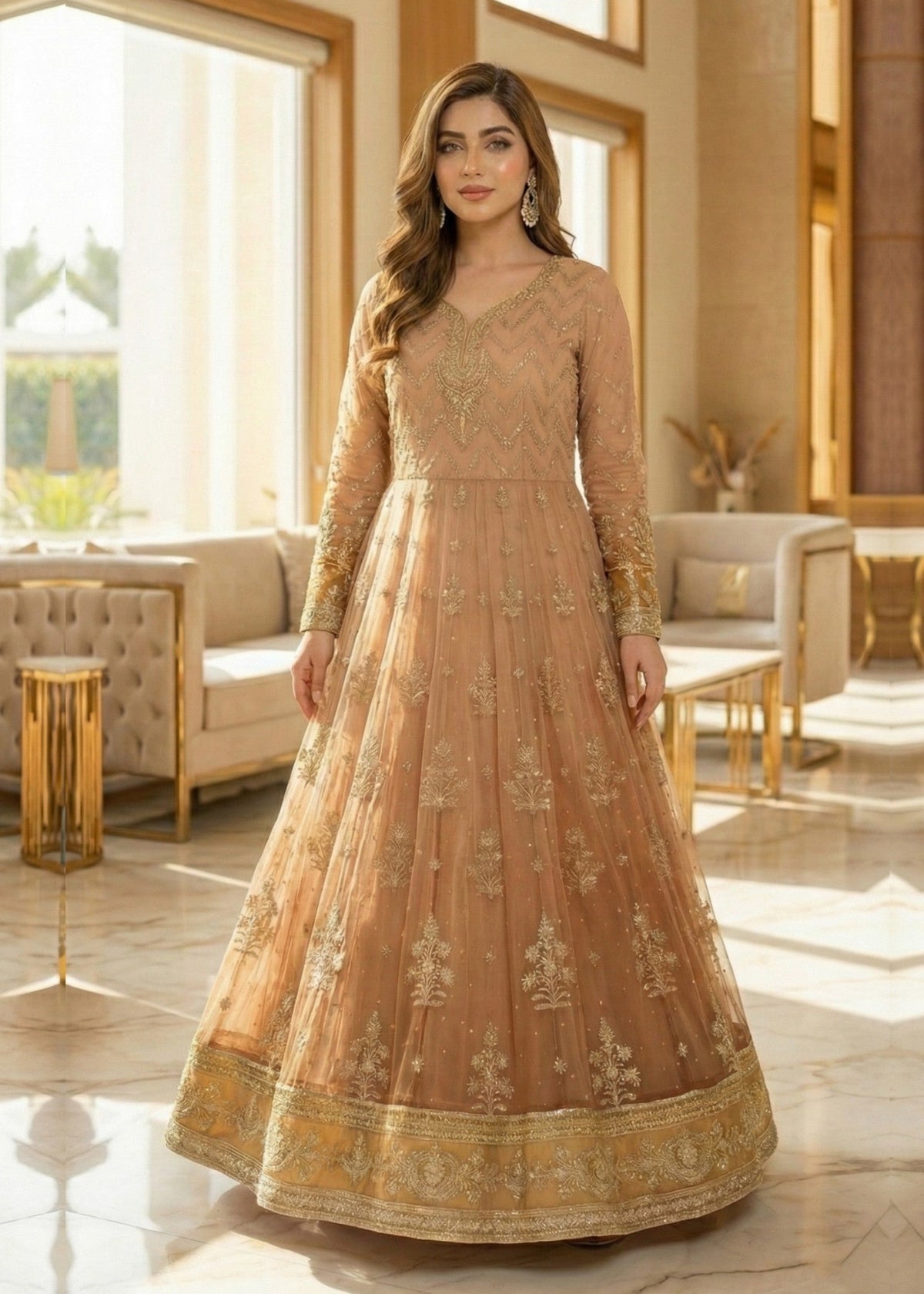 Ladies Embroidered Beige Chiffon Maxi Online in UK USA Canada