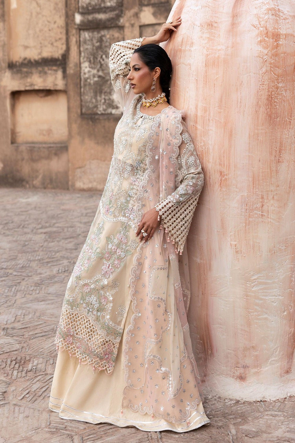 Ladies Embroidered Beige Chiffon Suit Online in UK USA Canada