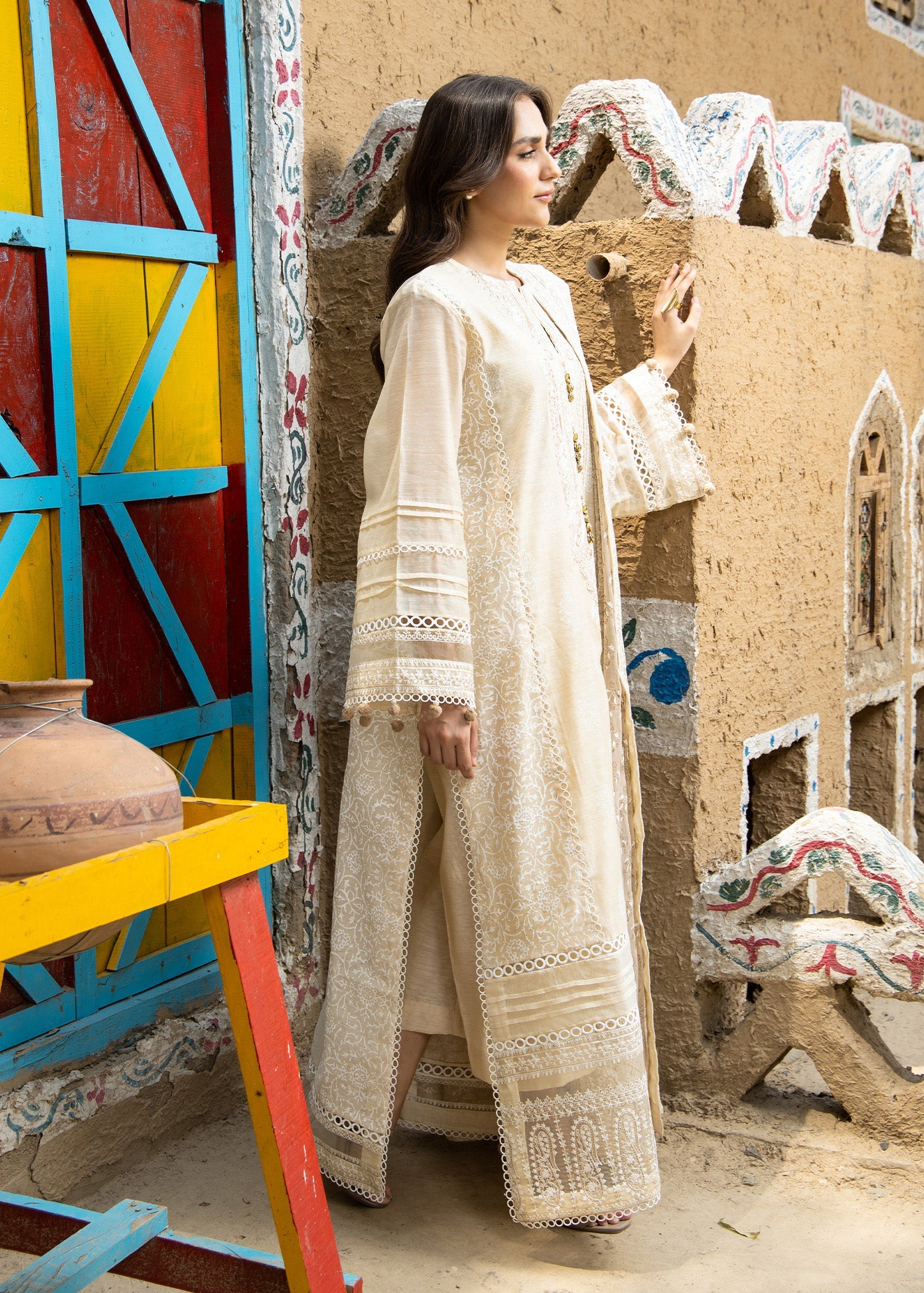 Ladies Embroidered Beige Cotton Silk Suit Online in UK USA Canada