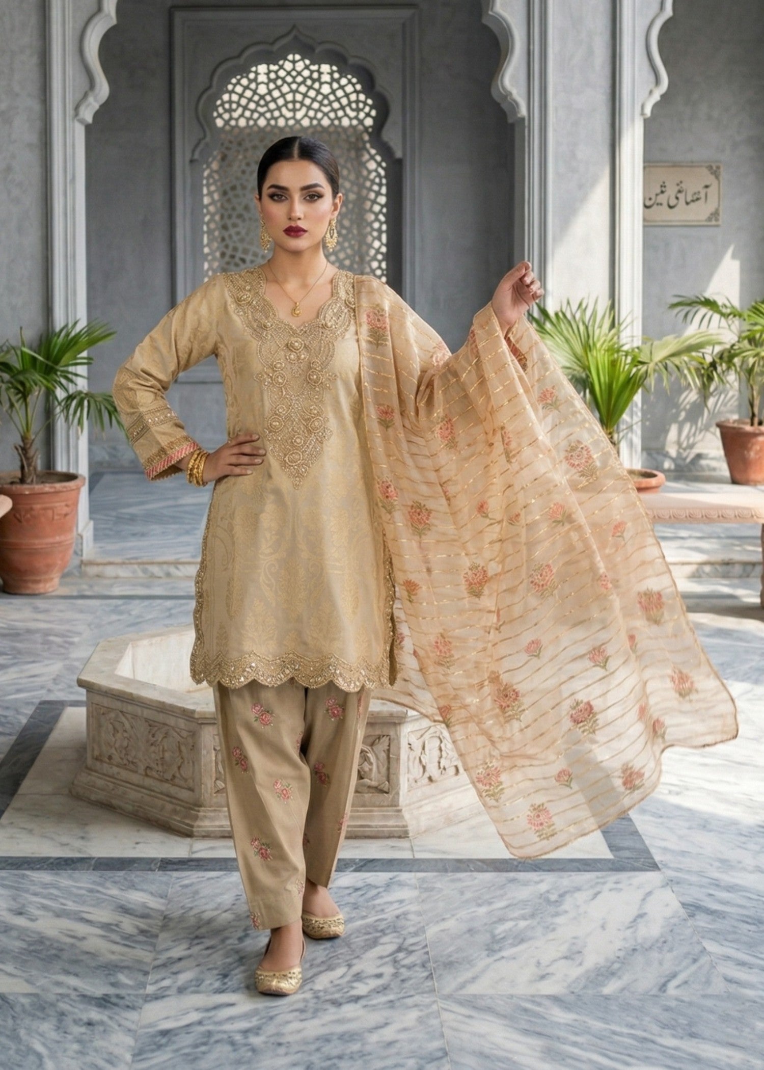 Ladies Embroidered Beige Festive Suit Online in UK USA Canada
