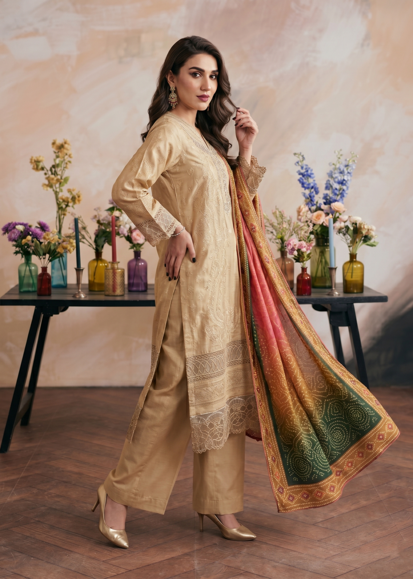 Ladies Embroidered Beige Jacquard Suit Online in UK USA Canada