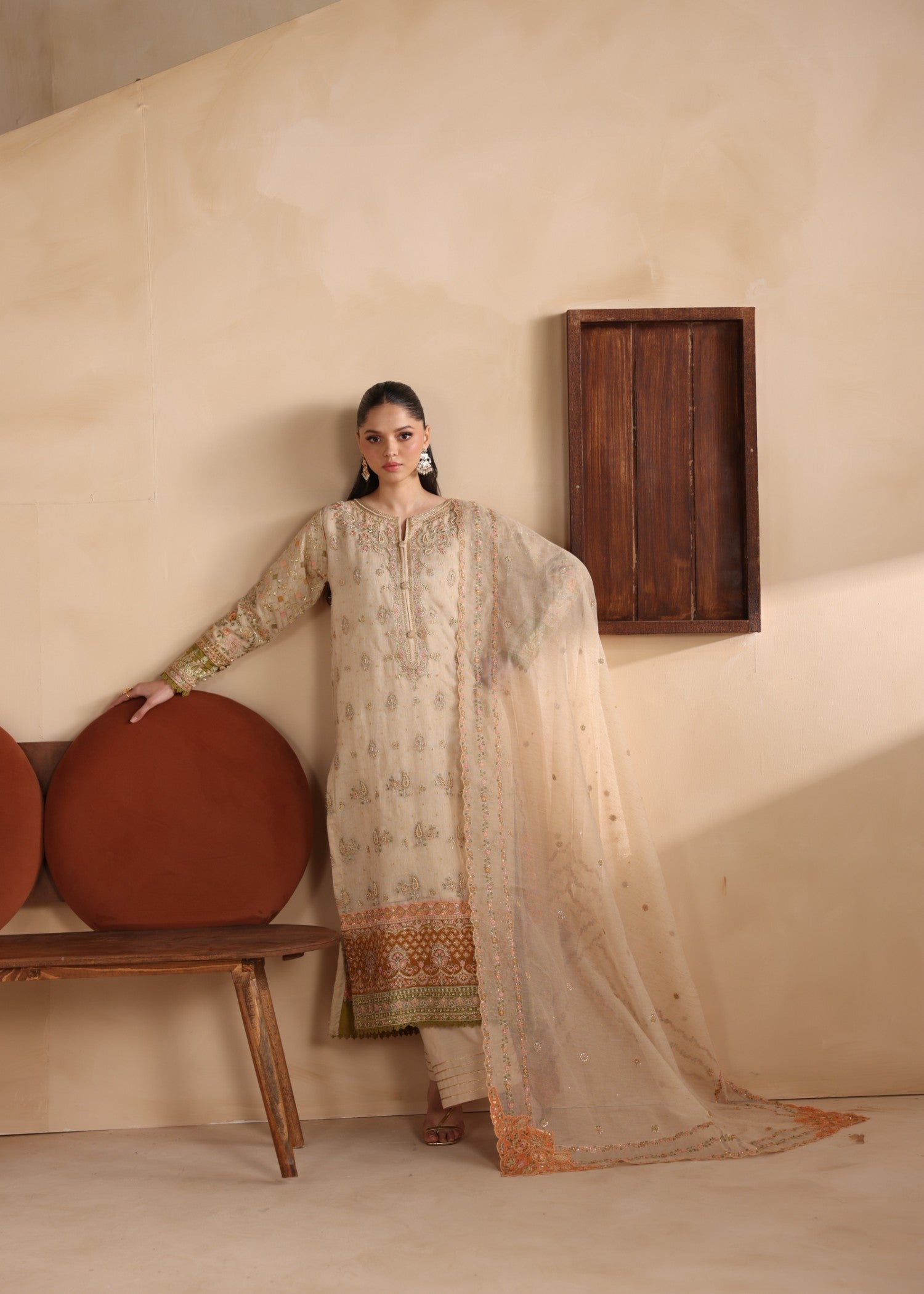 Ladies Embroidered Beige Khaddi Net Shalwar Kameez Online in UK USA Canada