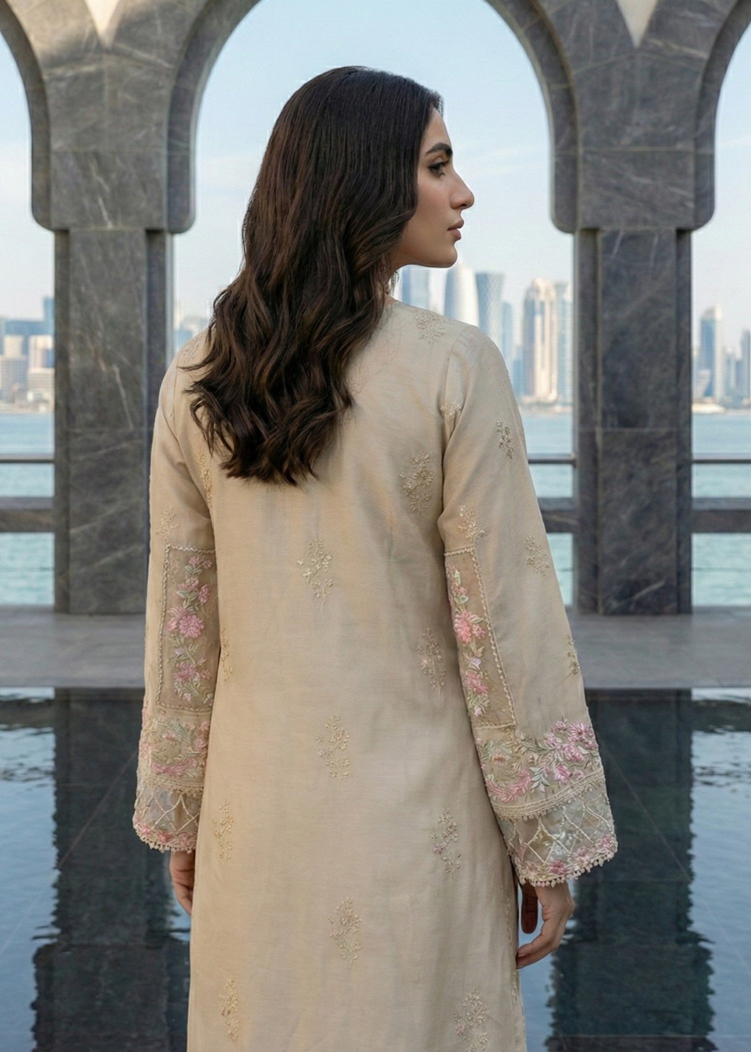 Ladies Embroidered Beige Lawn Kurta Online in UK USA Canada