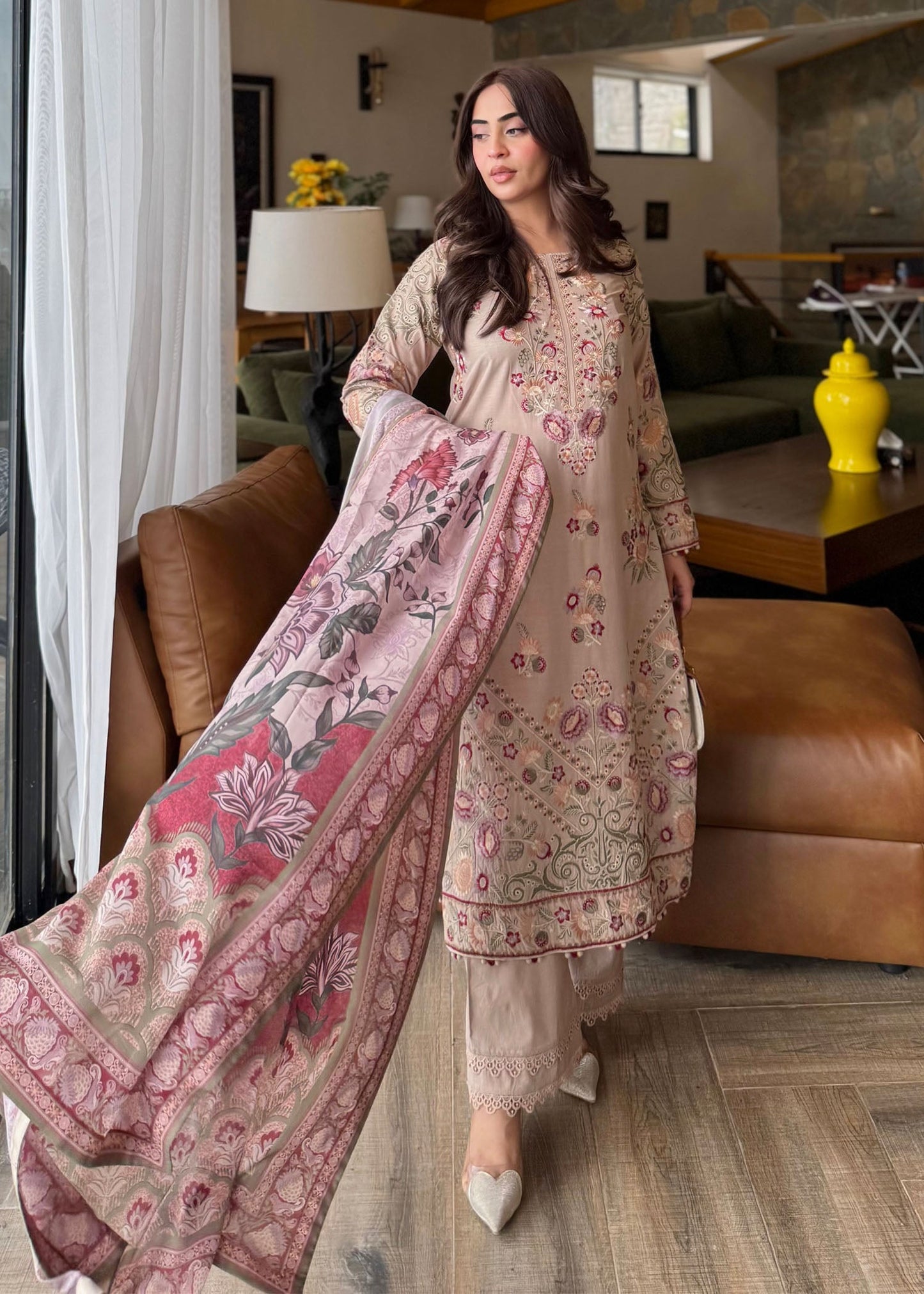 Ladies Embroidered Beige Lawn Suit Online in UK USA Canada