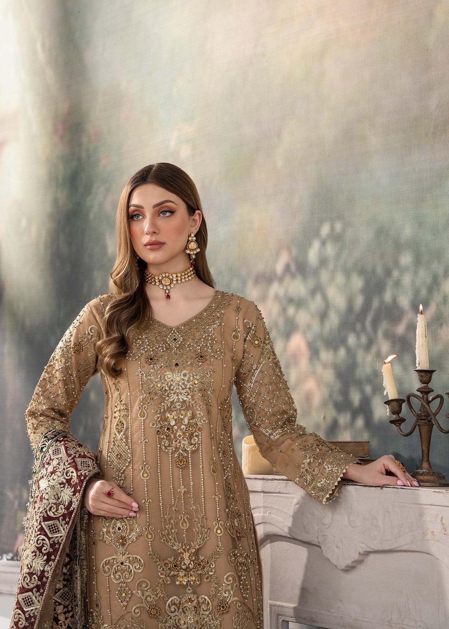 Ladies Embroidered Beige Net Shalwar Kameez Online in UK USA Canada