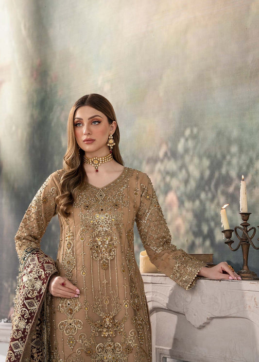 Ladies Embroidered Beige Net Shalwar Kameez Online in UK USA Canada