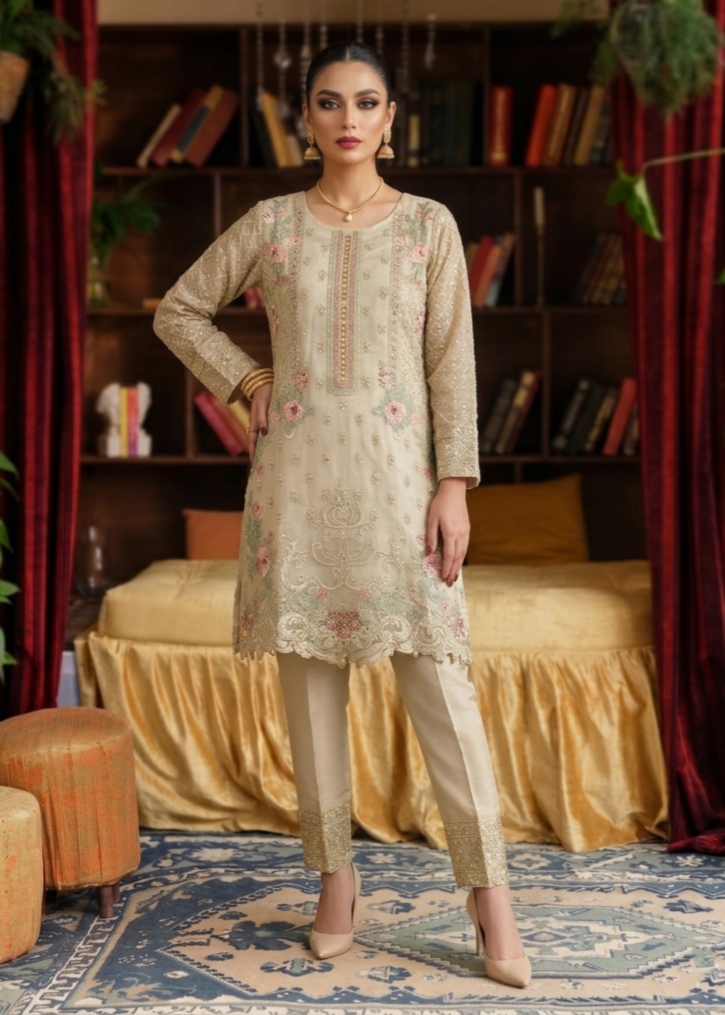 Ladies Embroidered Beige Organza Shalwar Kameez Online in UK USA Canada
