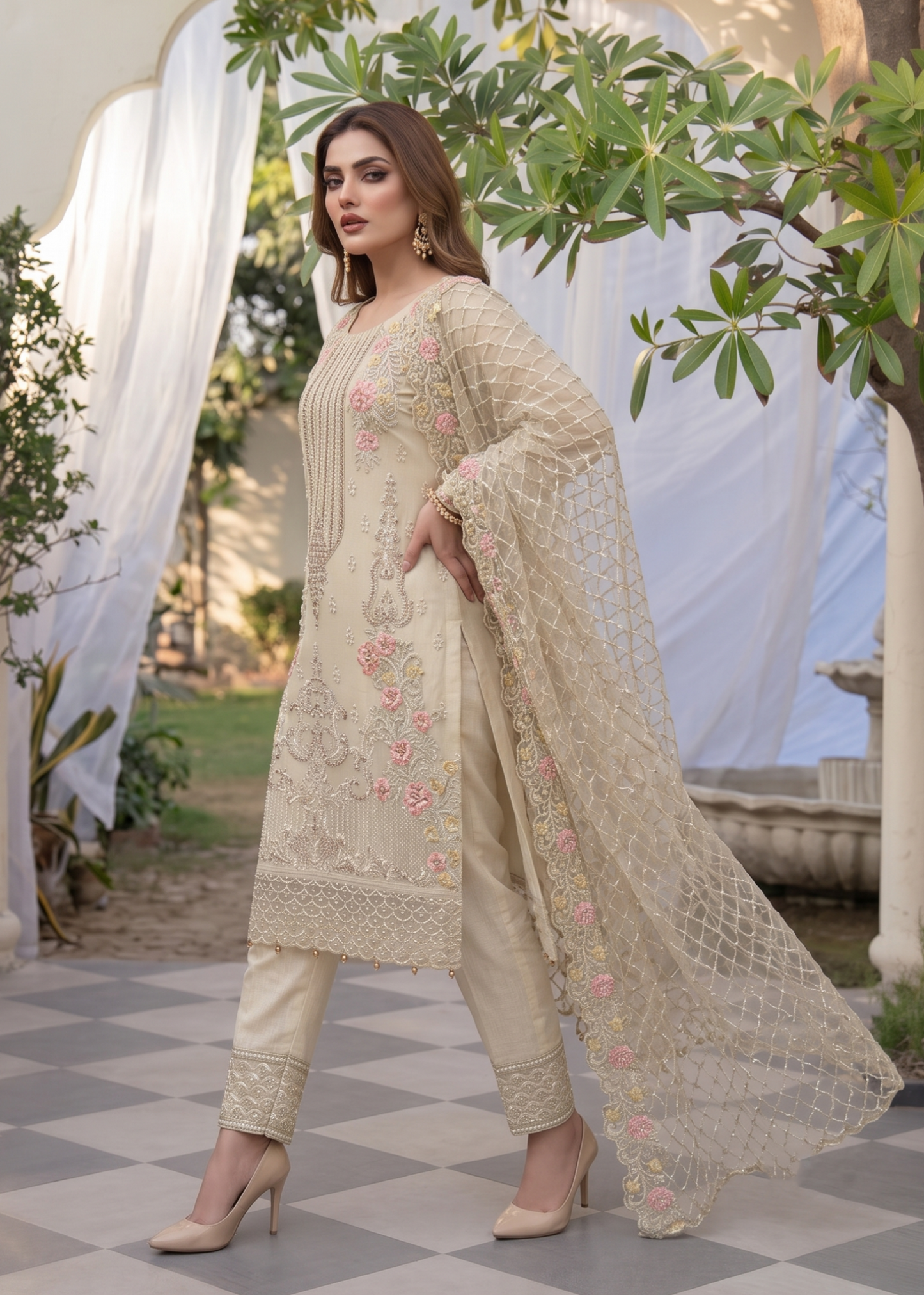 Ladies Embroidered Beige Organza Shalwar Kameez Online in UK USA Canada