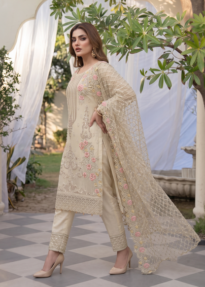 Ladies Embroidered Beige Organza Shalwar Kameez Online in UK USA Canada