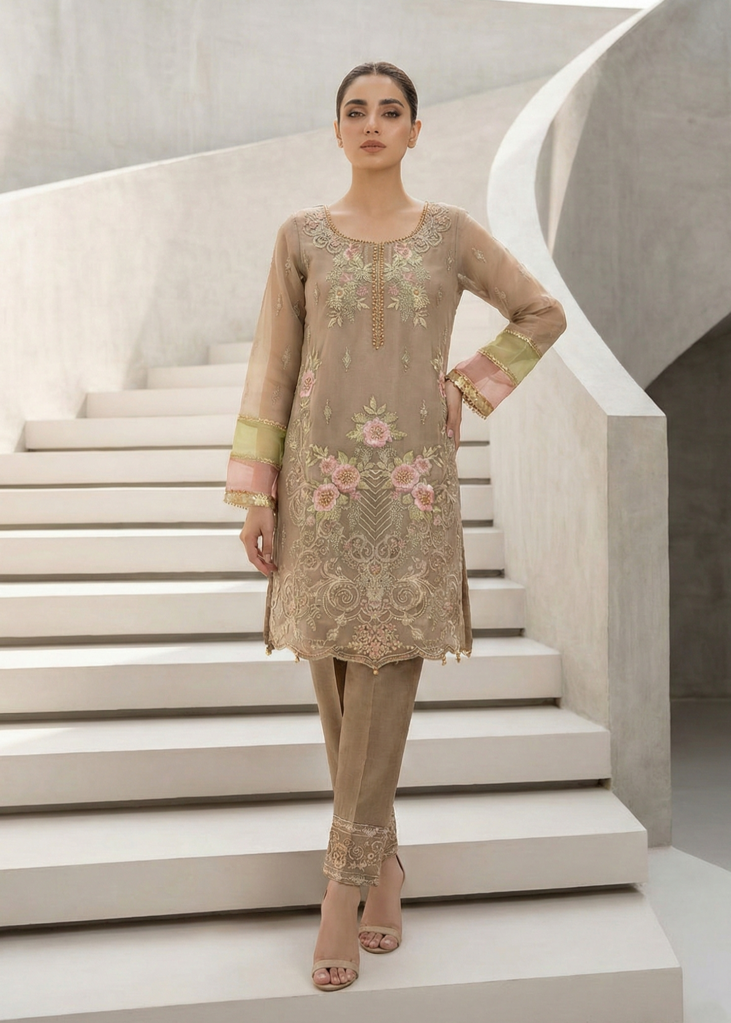Ladies Embroidered Beige Organza Shalwar Kameez Online in UK USA Canada
