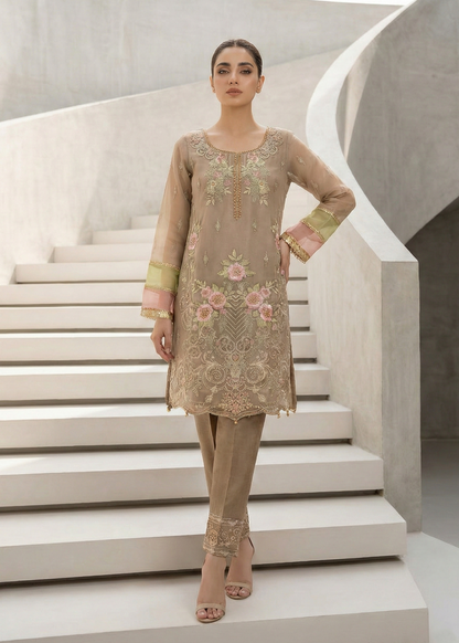 Ladies Embroidered Beige Organza Shalwar Kameez Online in UK USA Canada