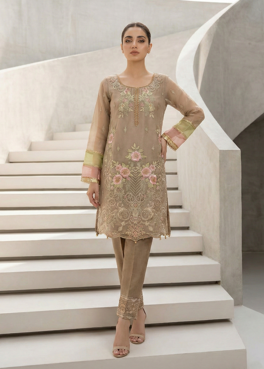 Ladies Embroidered Beige Organza Shalwar Kameez Online in UK USA Canada