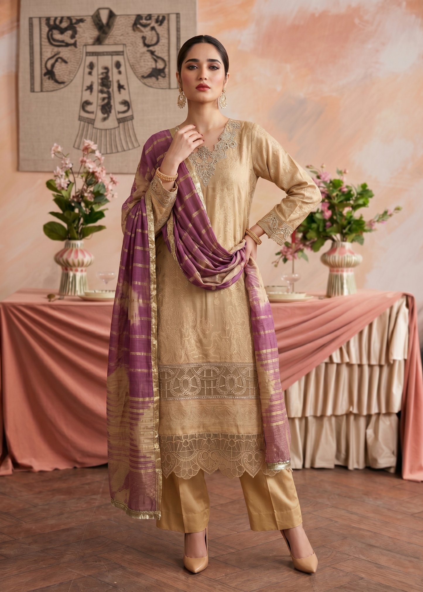 Ladies Embroidered Beige Party Wear Suit Online in UK USA Canada