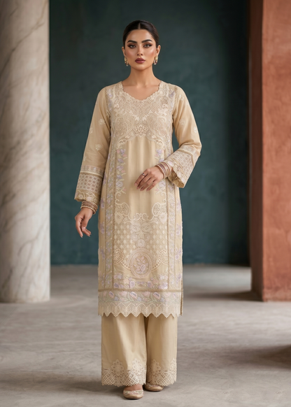 Ladies Embroidered Beige Shalwar Kameez Online in UK USA Canada